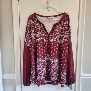 Weekend Suzanne Betro 3X Top Women's Plus Burgundy Floral Knit Tunic Boho